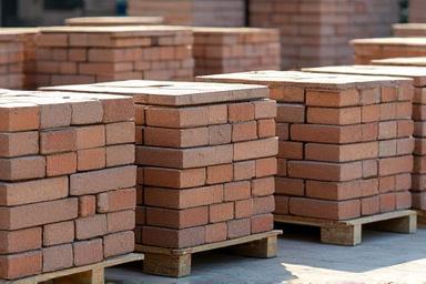 Neatly stacked pallets of new stone pavers ready for transport